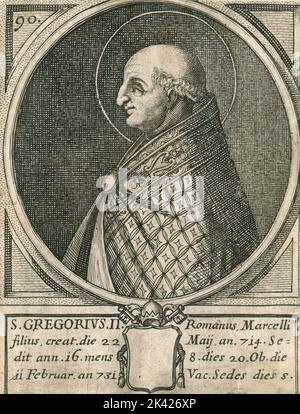 Porträt des heiligen Papstes Gregorius II., Stich aus dem Summorum Romanorum Pontificum von Giovanni Giacomo de' Rossi, 1675 Stockfoto