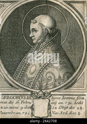 Porträt des heiligen Papstes Gregorius II., Stich aus dem Summorum Romanorum Pontificum von Giovanni Giacomo de' Rossi, 1675 Stockfoto