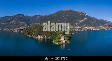 Luftaufnahme der Villa del Balbianello am Comer See Stockfoto