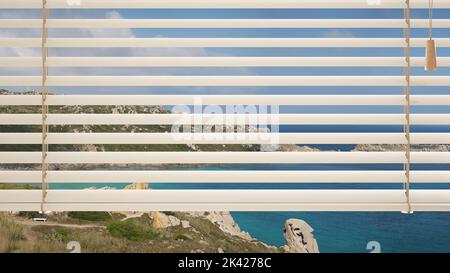 Weiße jalousien aus nächster Nähe, über eine fantastische Aussicht auf den Sandstrand und die Granitfelsen, wolkig blauer Himmel, Privatsphärenkonzept Stockfoto