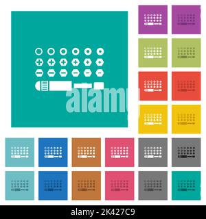 Satz Schraubendreherbits mehrfarbige flache Symbole auf einfachen quadratischen Hintergründen. Weiße und dunklere Symbolvarianten für schwebe- oder aktive Effekte. Stock Vektor