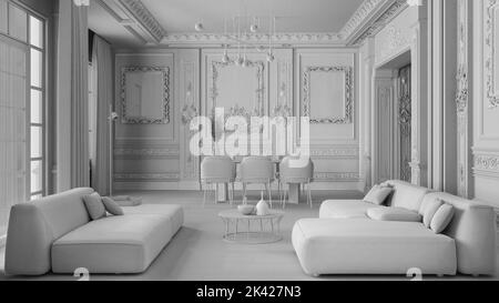 Total White Projekt Entwurf, minimalistische Möbel in klassischen Wohnung, Wohn-und Esszimmer mit Tisch und Sesseln, Sofa. Verputzte Wände und Stockfoto