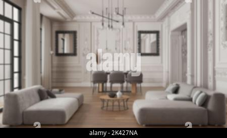 Verschwommener Hintergrund, minimalistische Möbel im klassischen Apartment, Wohn- und Esszimmer mit Tisch und Sesseln, Sofa. Verputzte Wände und Parkett. B Stockfoto