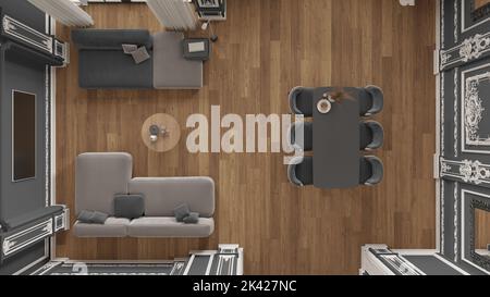 Minimalistische Möbel in klassischer Wohnung in Grautönen, Wohn- und Esszimmer mit Tisch und Sofa. Verputzte Wände und Parkett. Barockes Interio Stockfoto