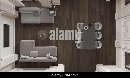 Minimalistische Möbel in klassischer Wohnung in Grautönen, Wohn- und Esszimmer mit Tisch und Sofa. Verputzte Wände und Parkett. Barockes Interio Stockfoto