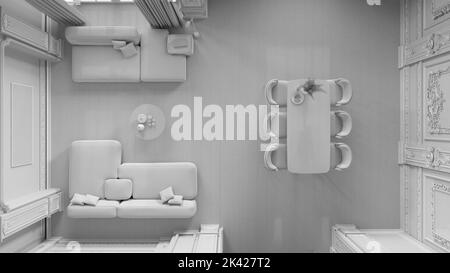 Totales weißes Projekt Entwurf, moderne Möbel in klassischer Wohnung, Wohn- und Esszimmer mit Tisch und Sofa. Verputzte Wände. Barocke Innenausstattung d Stockfoto