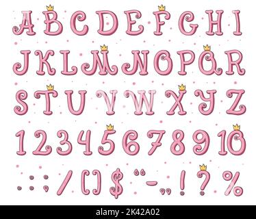 Prinzessin Schrift Alphabet, rosa Text und Mädchen Buchstaben, Vektor Typografie Typ. Niedliche Baby Prinzessin Geburtstagsschrift mit goldener Krone, Girly Fee Magie und Cartoon rosa abc Alphabet für kindisch Buch Stock Vektor