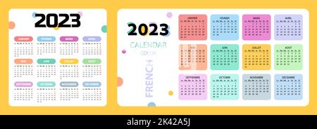 Taschenkalender auf 2023 Jahr, Französisch. Legen Sie die Farbe Vertikal und Horizontal fest. Die Woche beginnt ab Montag. Vektor-Vorlagen-Kalender für Unternehmen. Stock Vektor