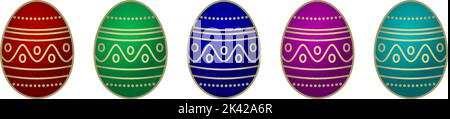 Vektor-Set für Ostereier. Gold gerahmte Eier mit verschiedenen Farben auf weißem, isoliertem Hintergrund. Fünf Frohe Ostereier in Gold, rot, grün, blau, violett. Stock Vektor