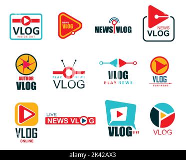 Vlog-Symbole. TV-Übertragung, Live-Stream. Online-Video-Blog, Fernsehnachrichten, Vlogger-Kanal-Farbzeichen, Live-Video-Übertragung und Social-Network-Medien-Vektor-Symbole mit Play-Taste und Antenne Stock Vektor