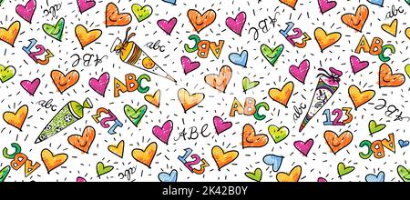 Nahtlose dekorative Geburtstag oder Schule Muster - glückliche Herzen mit Zahlen und Buchstaben. Bunte handgezeichnete Kritzeleien. Geeignet zum Einwickeln von Papier Stock Vektor