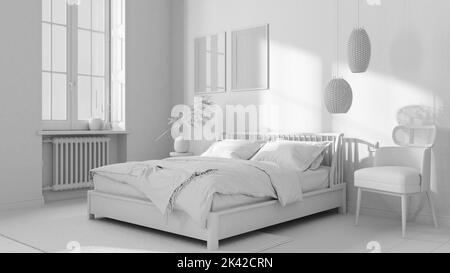 Total White Project Draft, schlafzimmer aus skandinavischem Holz, Frame Mockup, Doppelbett mit Kissen, Daunendecke und Decke, gestreifte Tapete, Teppich, Parkett A Stockfoto