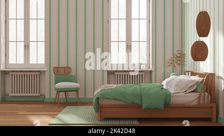Schlafzimmer aus skandinavischem Holz in Weiß- und Grüntönen, Doppelbett mit Kissen, Federbett und Decke, gestreifte Tapete, Fenster mit Heizkörpern, Parkett. Stockfoto