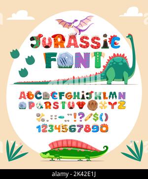 Dinosaur Jurassic Schrift, Art der Schrift mit Cartoon Dino Alphabet, Vektor-Buchstaben. Kinder Jurassic Dinosaurier und niedliche Dino Eidechsen Schriftartschrift mit T-rex Tyrannosaurus, Pterodactyl und Brontosaurus Stock Vektor