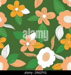 Nahtloses Blumenmuster basierend auf traditionellen Volkskunst-Ornamenten. Kunst Blumen auf farbigem Hintergrund. Skandinavischer Stil. Schwedischer nordischer Stil. Vektor Stock Vektor