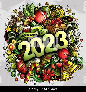 2023 Kritzeleien Illustration. Neujahrs-Objekte und Elemente-Poster Stock Vektor