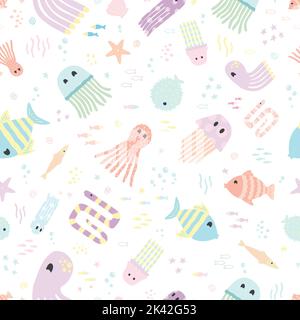 Niedliches Sea Life Nahtloses Muster. Vektor-Illustration flach Design Hintergrund. Stock Vektor