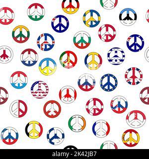 Friedenssymbol mit Flaggen verschiedener Länder der Welt, nahtloses Muster Stock Vektor