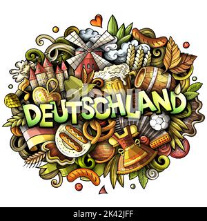 Deutschland Deutschland Karikatur Kritzeleien Illustration. Witziges Reisedesign. Stock Vektor