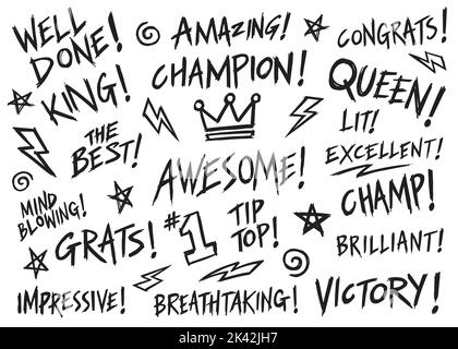 Ehrfürchtige feierliche Glückwünsche Worte. Sammlung positiver Wörter. Vektorgrafik. Stock Vektor