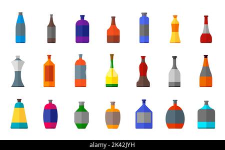 Flasche Alkohol Getränk flach Cartoon Icon-Set. Verschiedene Formen Glas Bier Weinflaschen. Bar Restaurant Pub alkoholisches Glas. Wodka Whiskey Soda Bier Wasser Brandy Likörflasche Stock Vektor