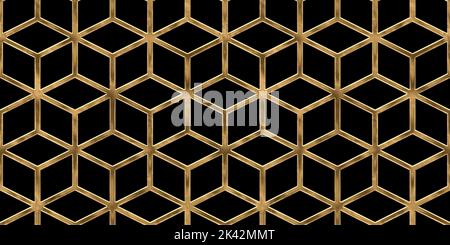 Nahtlos gestapeltes geometrisches Würfelmuster in Gold. Vintage abstrakt vergoldet Relief auf dunkelschwarzem Hintergrund. Moderne, elegante, luxuriöse Metallic-Kulisse Stockfoto