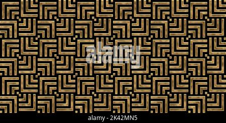 Nahtloses goldenes Art déco-Muster mit überlappenden gewebten, gestreiften Quadraten. Vintage abstrakte geometrische vergoldete Reliefskulptur auf dunkelschwarzem Hintergrund. Stockfoto
