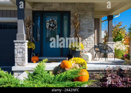 Farbenfrohe Kürbisse, Kürbisse und Mütter schaffen ein luxuriöses halloween- und Danksagungen-Landschaftsbild. Stockfoto