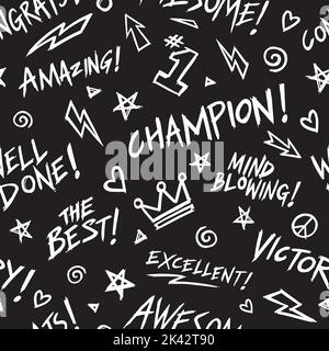 Ehrfürchtige feierliche Glückwünsche Worte. Positive Wörter nahtloses Muster. Hintergrund der Vektorgrafik. Stock Vektor