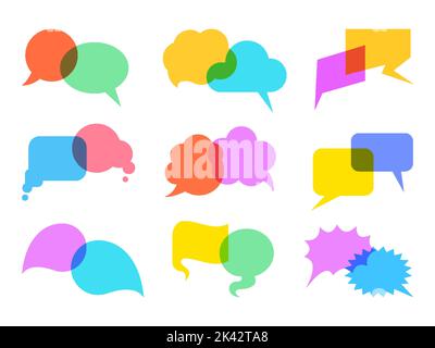 Sprechblase bunte Cartoon Chat Dialog gesetzt. Symbol für Sprechblasendiskussion. Leere Wolke für Text. Kreative Botschaft Idee Gespräch Zeichen. Helle Antwort Denken Sie an Dekoration. „Speak Word“-Comic-Rahmen Stock Vektor