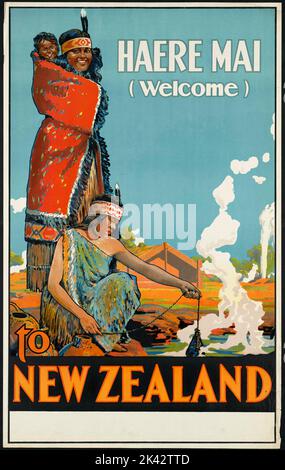 Farbenfrohes Vintage-Reiseposter von Neuseeland mit Maori begrüßen Haere Mai Stockfoto