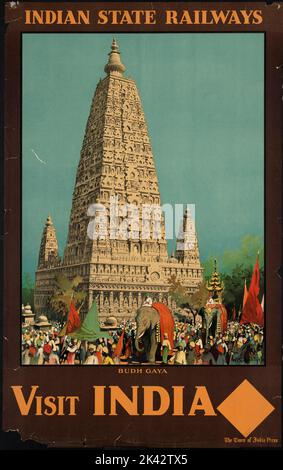 Farbenfrohes Vintage-Reiseplakat von Budh Gaya, Indien und buddhistischem Mahabodhi-Tempel Stockfoto