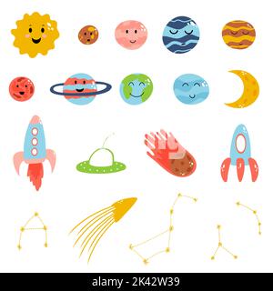 Raum-Elemente in Cartoon flach kindisch Stil. Vektordarstellung von Planeten, Rakete, Meteorit, Konstellation auf weißem Hintergrund für Babykleidung, Stock Vektor