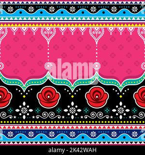 Indische und pakistanische LKW-Kunst Vektor-Design mit Rosen, Jingle LKW nahtlose Textil- oder Grußkarten-Muster in lebendigen Farben Stock Vektor