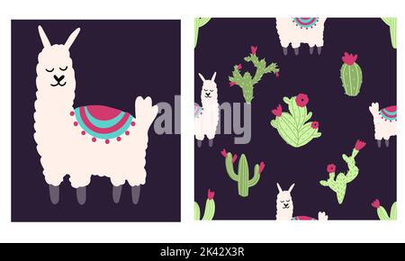 Lama Alpaca nahtloses Muster mit Kaktus. Vektor-Illustration von Kinderzimmer-Charaktere in Cartoon Hand gezeichnete Doodle kindischen Stil für Babykleidung, Text Stock Vektor