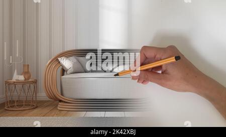 Architect Interior Designer Konzept: Hand zeichnen ein Design-Interior-Projekt, während der Raum wird real, moderne Wohnzimmer Nahaufnahme mit Rattan-Sofa Stockfoto