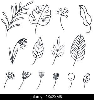 Set aus verschiedenen Blättern im handgezeichneten Doodle-Stil. Herbst Vektorlinie Illustration in schwarzer Farbe isoliert auf weißem Hintergrund. Stock Vektor