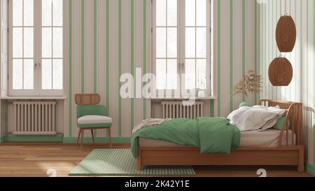 Schlafzimmer aus skandinavischem Holz in Weiß- und Grüntönen, Doppelbett mit Kissen, Federbett und Decke, gestreifte Tapete, Fenster mit Heizkörpern, Parkett. Stockfoto