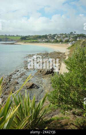 Blick vom Meer auf den Gyllyngvase Beach, Falmouth Cornwall Stockfoto