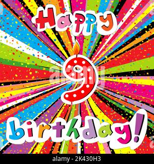 Glückwunschkarte zum Geburtstag mit Kerze Nummer 9 und Konfetti auf einem farbenfrohen, sonnenbeschalltem Hintergrund Stock Vektor