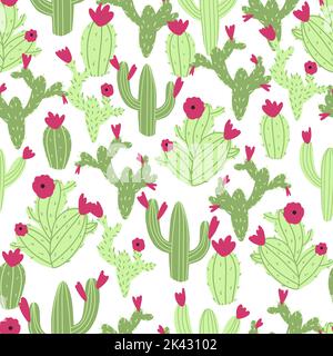 Vektor nahtloses Kaktusmuster auf weißem Hintergrund. Niedliche kindliche Illustration in Cartoon-Flat-Stil mit bunten Kakteen und Blumen Stock Vektor