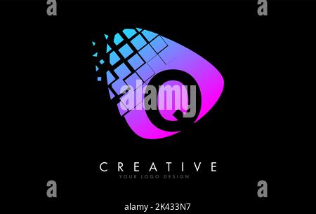Buchstabe Q-Design mit bunten rosa und blau zerschmetterte Blöcke Vektor-Illustration. Pixelkunst des Q-Buchstabens-Logos. Stock Vektor