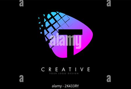 Buchstabe T-Design mit bunten rosa und blau zerschmetterte Blöcke Vektor-Illustration. Pixelkunst des T-Buchstabens-Logos. Stock Vektor