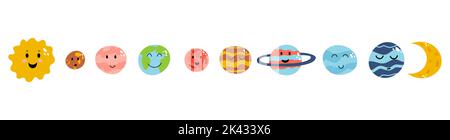 Set von niedlichen Planeten wie Erde, venus, Quecksilber, jupiter, saturn, mars, neptun, uranus, pluto in Cartoon flacher Kinderform. Vektordarstellung von Stock Vektor