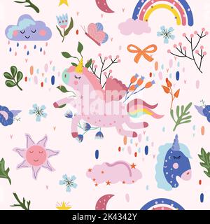 Nahtloses Muster mit niedlichem Einhorn, bunten Blumen und Blättern, Wolke und Regenbogen. Magisches Muster mit Einhorn. Vektorgrafik. Stock Vektor