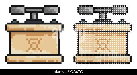 Pixelsymbol. Box mit Griffen zur Detonation der Dynamitladung auf dem Bergbaugelände. Pyrotechnische Ausrüstung. Einfache Retro-Spiel Vektor isoliert auf weißem Bac Stock Vektor