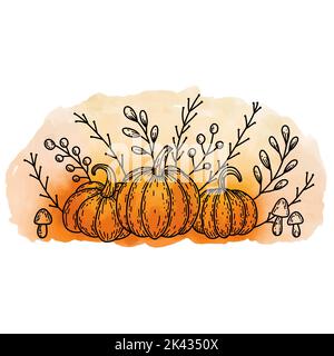 Herbstliches gemütliches Stillleben mit Kritzelumrandung, schwarzen Kürbissen, Pilzen, Blättern und Ästen auf farbenprächtigem orangefarbenem Aquarellhintergrund für Danksagungen Stock Vektor