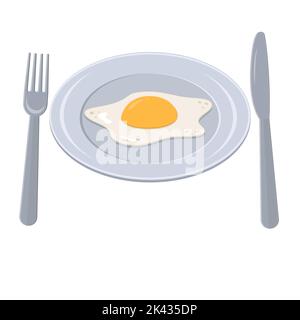 Spiegelei auf einem Teller mit Gabel und Messer, Farbvektordarstellung im Cartoon-Stil. Stock Vektor
