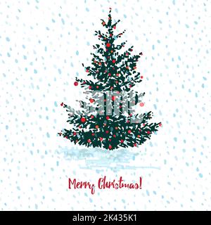 Festliche Weihnachtskarte. Tannenbaum mit roten Kugeln auf weißem, schneeweißen, nahtlosen Hintergrund und Text Frohe Weihnachten Stock Vektor