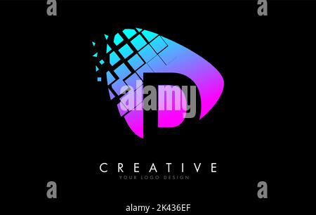 Buchstabe D-Design mit bunten rosa und blau zerschmetterte Blöcke Vektor-Illustration. Pixelkunst des D-Buchstabens-Logos. Stock Vektor